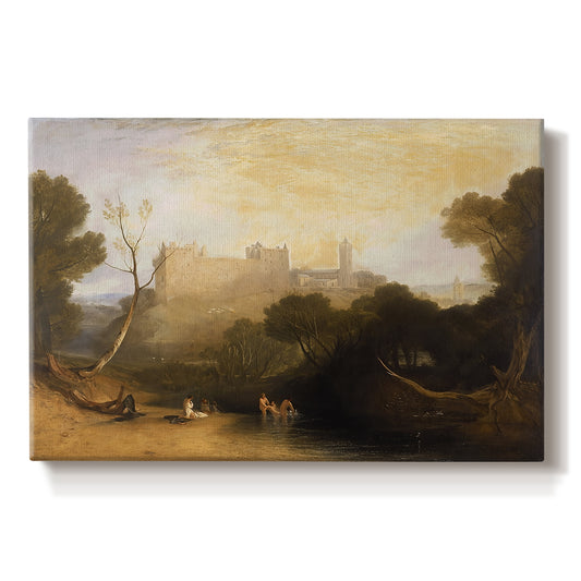 Canvas art print portraying a historic palace set within landscape with water and surrounding terrain, set against a white background
