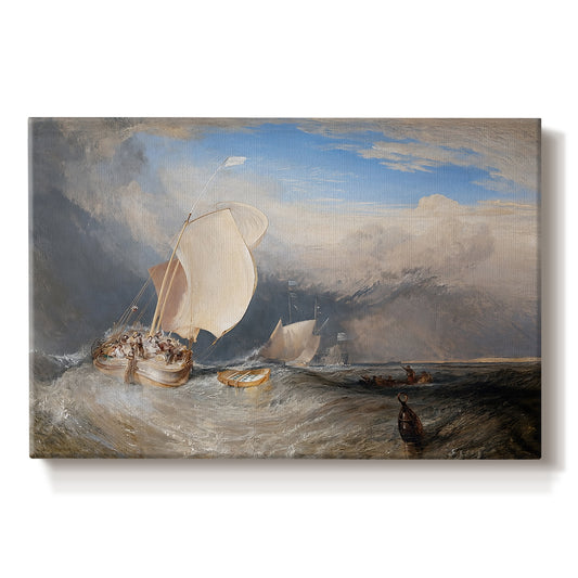 Canvas art print portraying fishing boats docked near shore with figures bargaining for fish in coastal setting, set against a white background