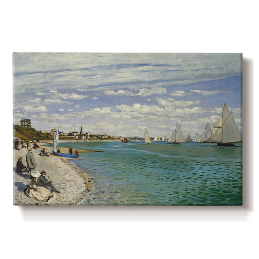 Canvas art print portraying sailboats gathered near shore with flags and spectators along coastline, set against a white background