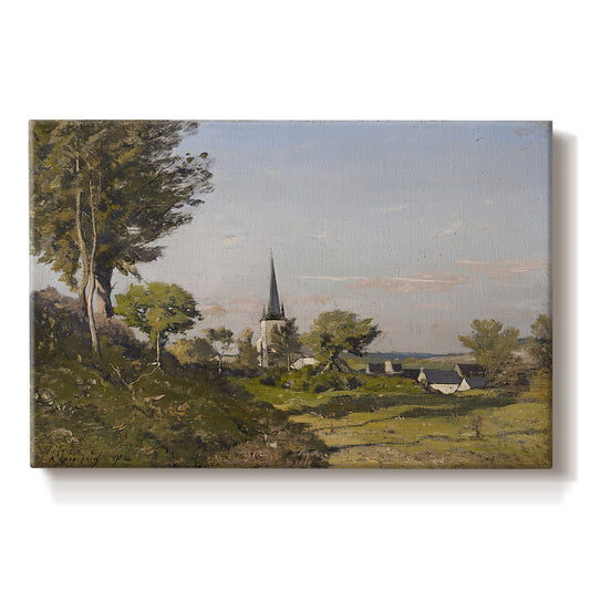 Canvas art print portraying a rural village with church surrounded by trees and open land, set against a white background