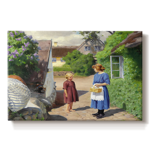 Canvas art print portraying people walking along village path beside houses in bright summer light, set against a white background