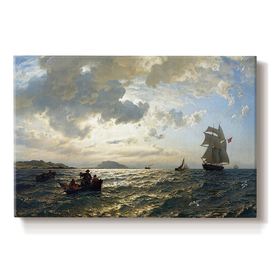 Canvas art print portraying a breezy coastal landscape with waves, boats, and open sky, set against a white background