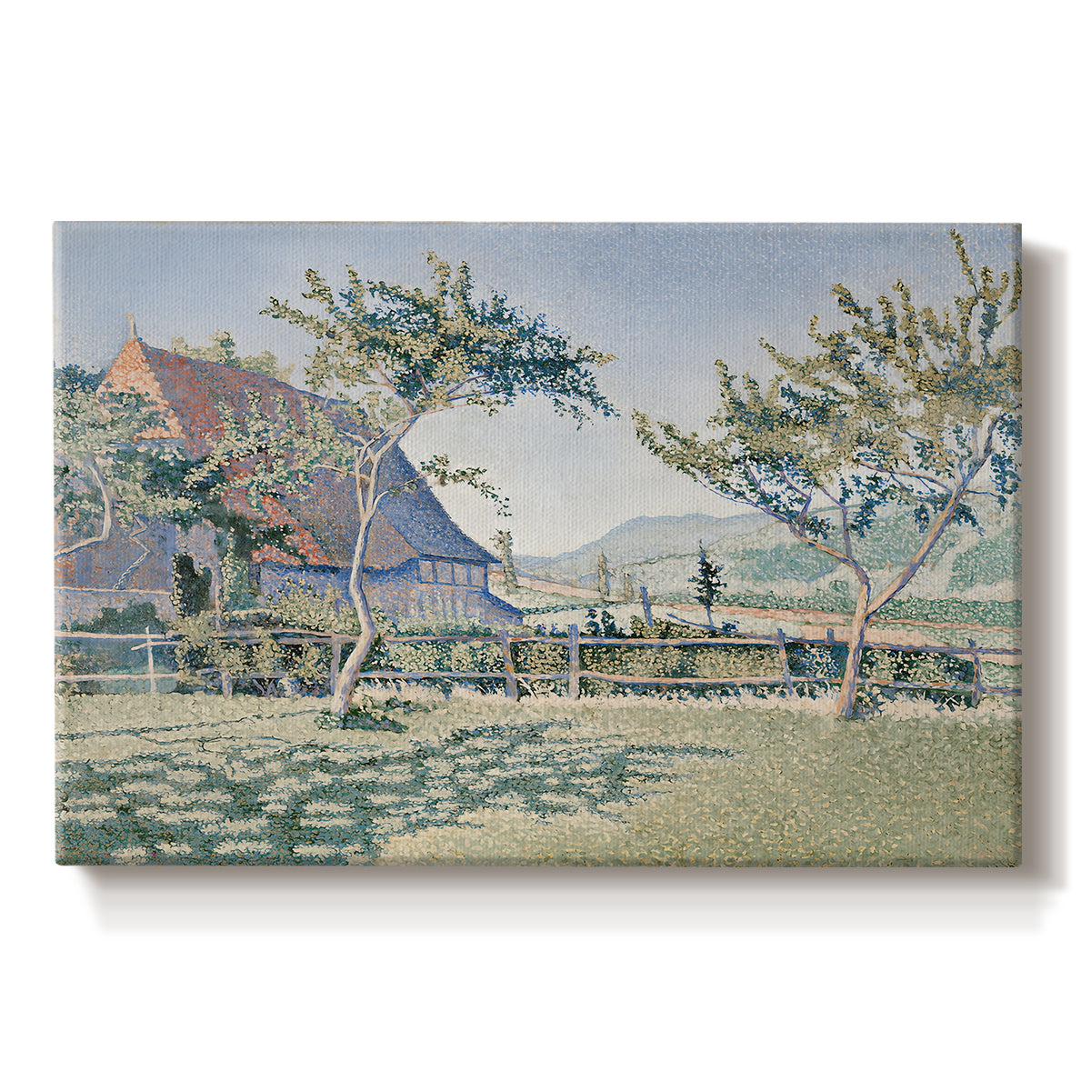 Canvas art print portraying a village with meadow and buildings in soft dotted color, set against a white background