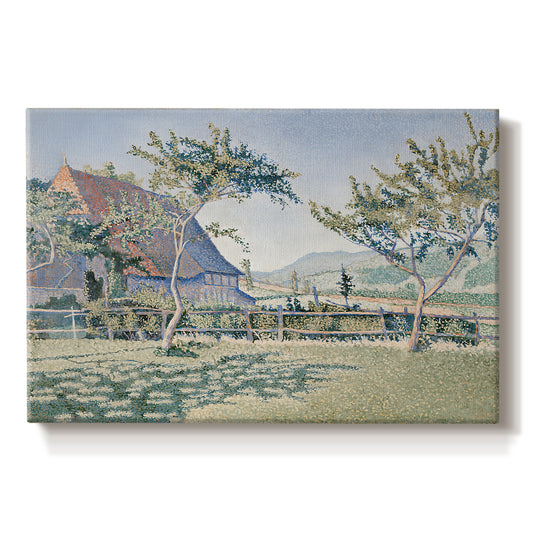 Canvas art print portraying a village with meadow and buildings in soft dotted color, set against a white background