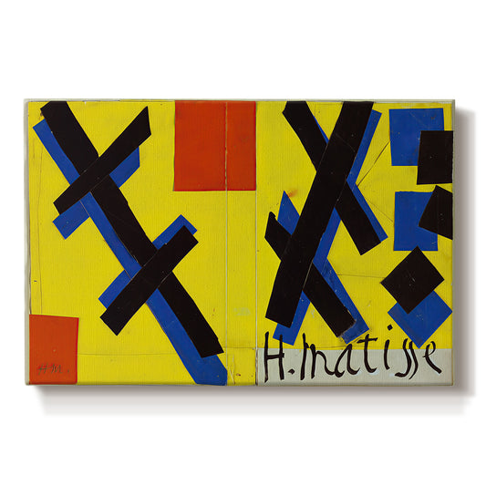 Canvas art print portraying an abstract graphic design with bold shapes and color blocks arranged symmetrically, set against a white background