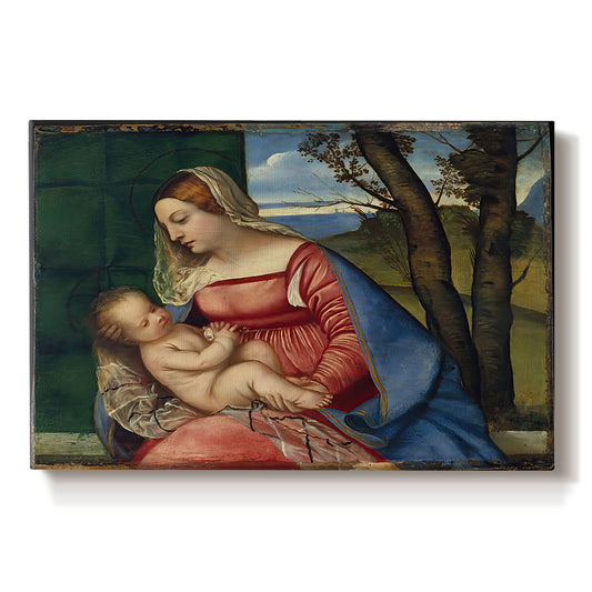 Canvas art print portraying a Madonna cradling child in close devotional scene with rich blue and red garments, set against a white background