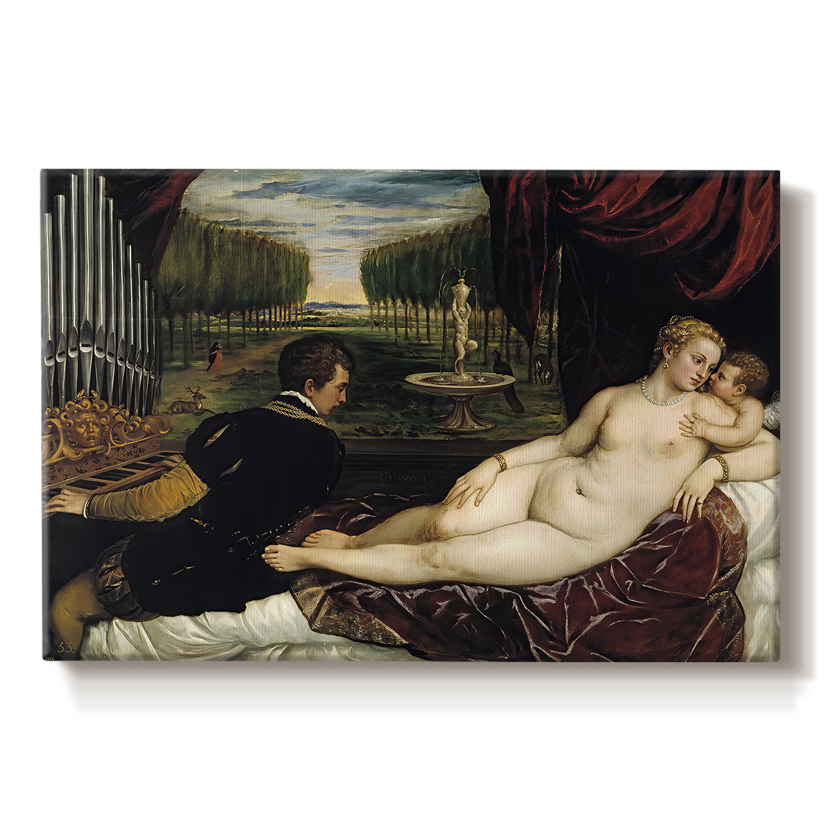 Canvas art print portraying a reclining Venus with seated organist and Cupid in rich interior setting, set against a white background