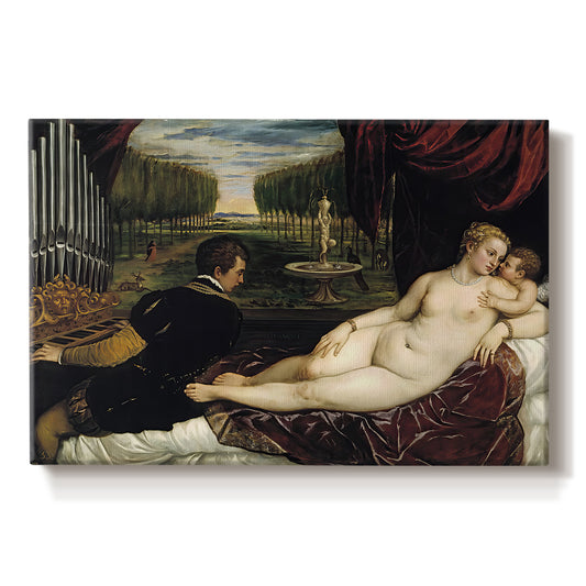 Canvas art print portraying a reclining Venus with seated organist and Cupid in rich interior setting, set against a white background