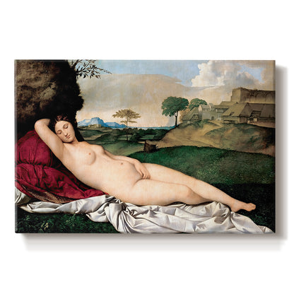 Canvas art print portraying a nude woman reclining asleep in open landscape with soft hills behind, set against a white background