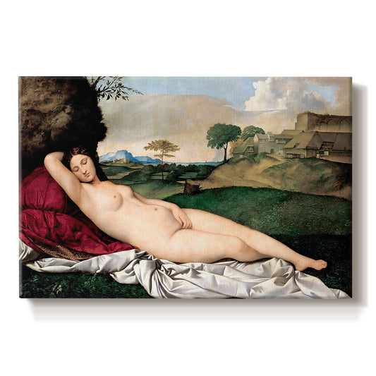 Canvas art print portraying a nude woman reclining asleep in open landscape with soft hills behind, set against a white background