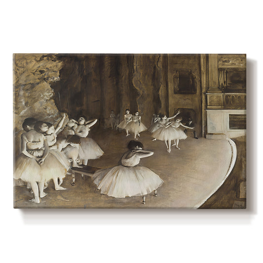 Canvas art print portraying ballerinas rehearsing on stage with set backdrop and lighting, set against a white background