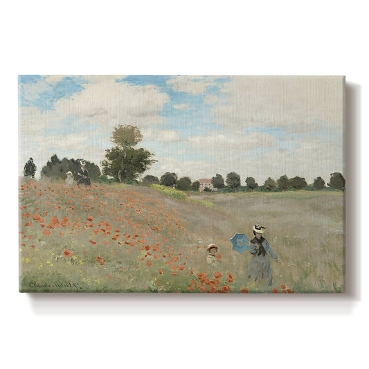 Canvas art print portraying a field of red poppies with figures walking across rolling landscape, set against a white background