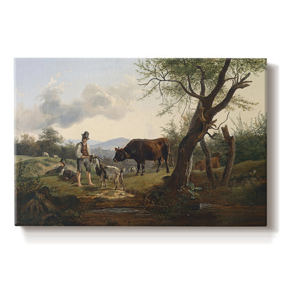 Canvas art print portraying a shepherd standing beside goat in countryside, set against a white background