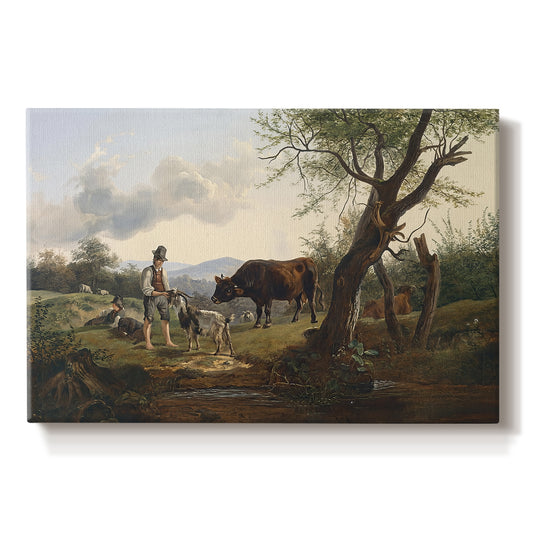 Canvas art print portraying a shepherd standing beside goat in countryside, set against a white background