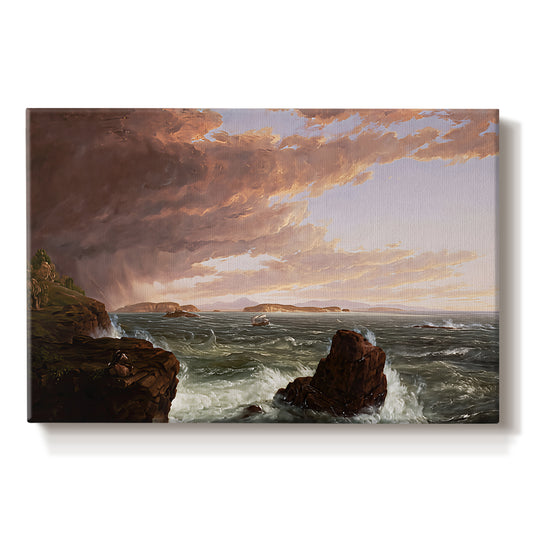 Canvas art print portraying a coastal landscape with water and sky clearing after storm, set against a white background