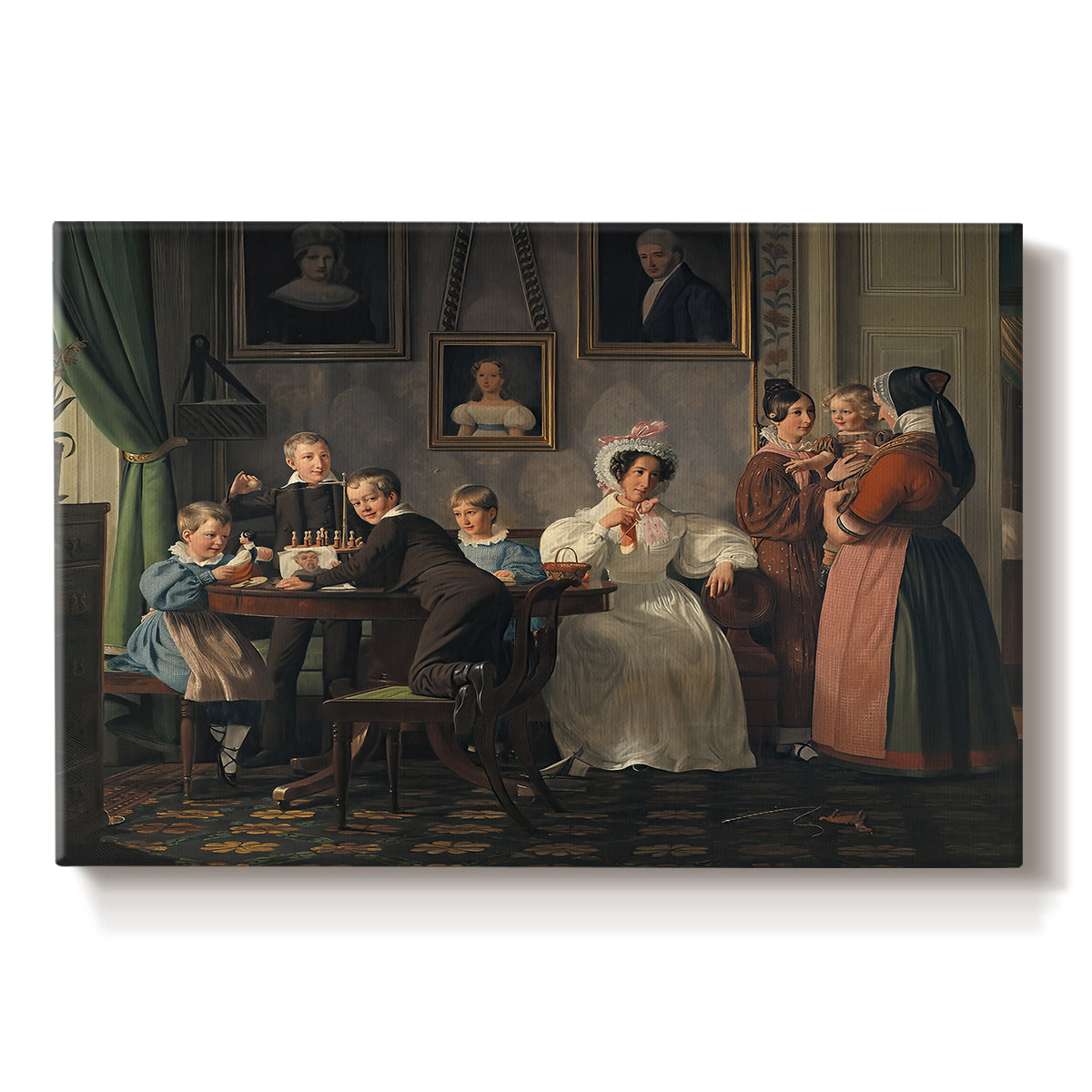 Canvas art print portraying a family group posed indoors around table with multiple figures, set against a white background