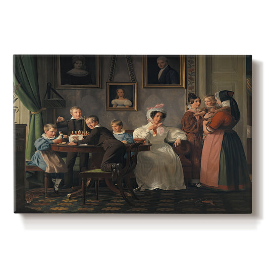 Canvas art print portraying a family group posed indoors around table with multiple figures, set against a white background