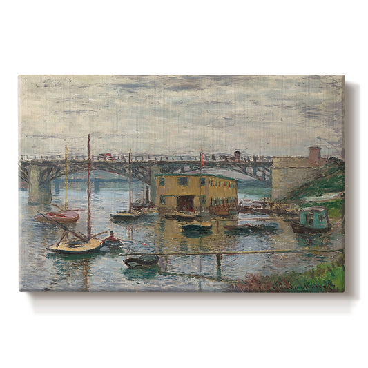 Canvas art print portraying a bridge crossing river under gray sky with muted reflections, set against a white background