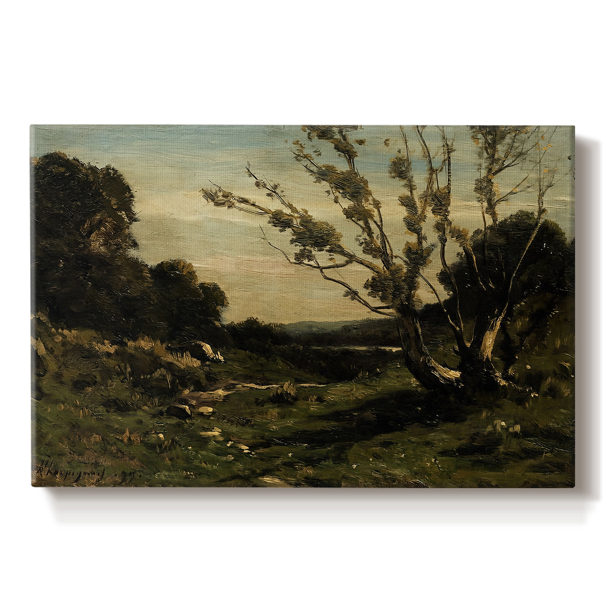 Canvas art print portraying an early morning landscape with trees and soft light over countryside, set against a white background
