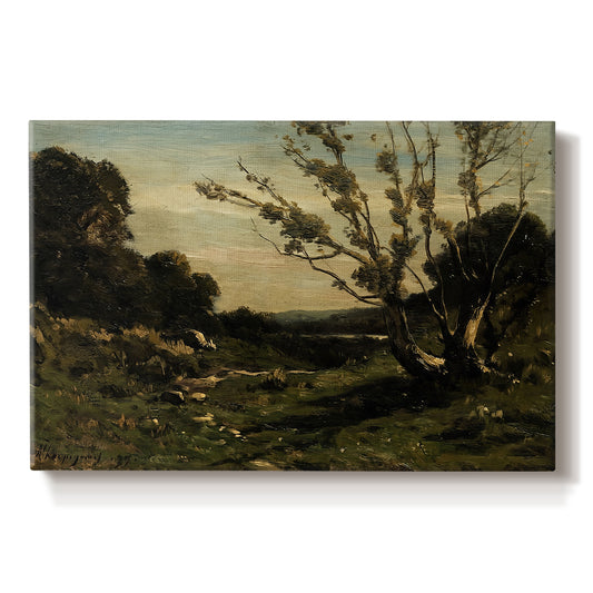 Canvas art print portraying an early morning landscape with trees and soft light over countryside, set against a white background
