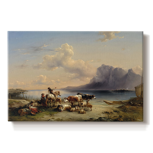 Canvas art print portraying shepherds tending cattle near lake with mountains, set against a white background