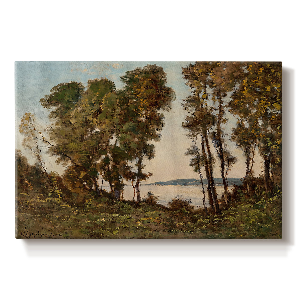 Canvas art print portraying a riverbank lined with trees and vegetation beside calm flowing water, set against a white background