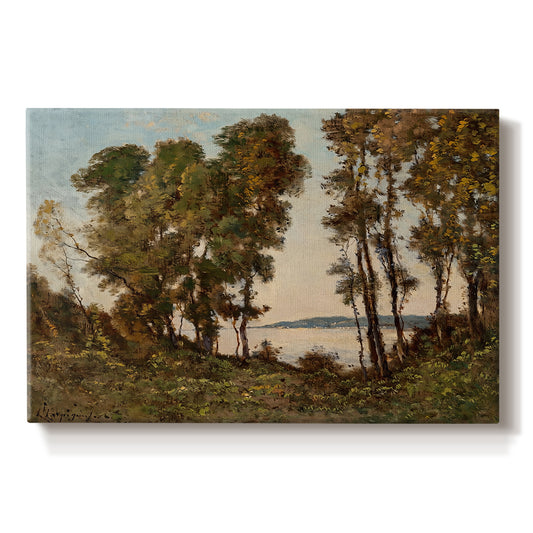 Canvas art print portraying a riverbank lined with trees and vegetation beside calm flowing water, set against a white background
