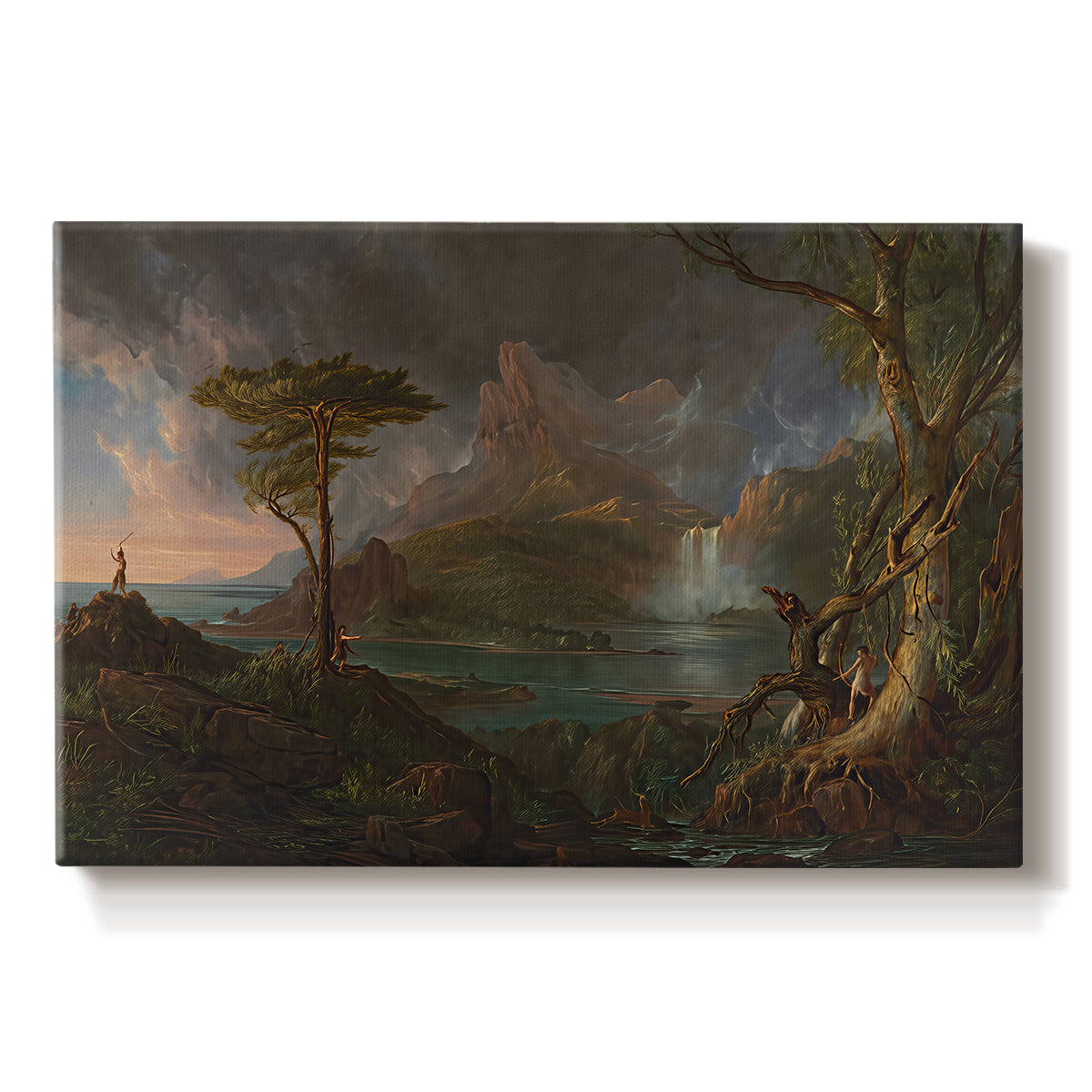 Canvas art print portraying a rugged natural landscape with dense trees and flowing water under dramatic sky, set against a white background