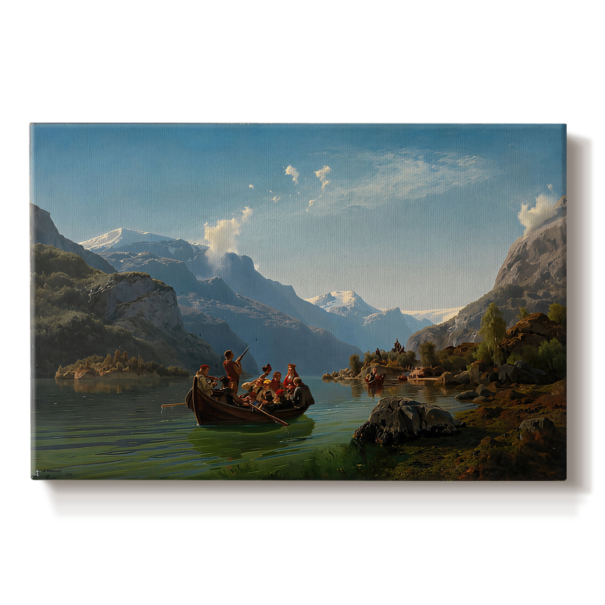 Canvas art print portraying a bridal procession in boats crossing a fjord surrounded by dramatic mountain landscape, set against a white background