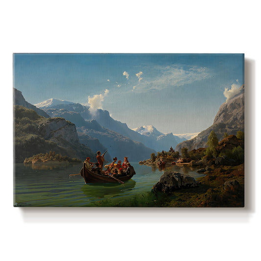 Canvas art print portraying a bridal procession in boats crossing a fjord surrounded by dramatic mountain landscape, set against a white background