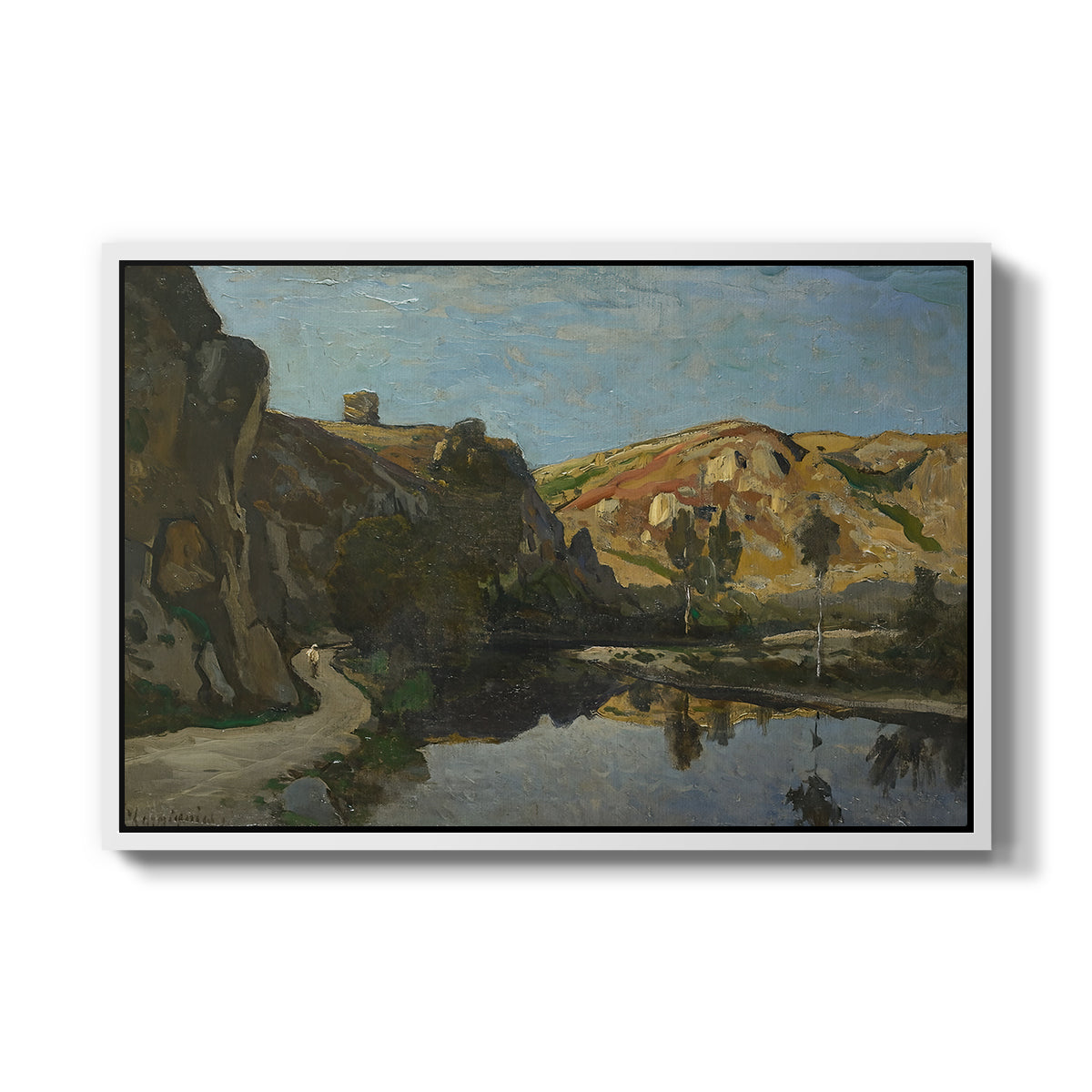 River Landscape with Cliffs, c. 1850-1860 - Floater Framed Canvas Print