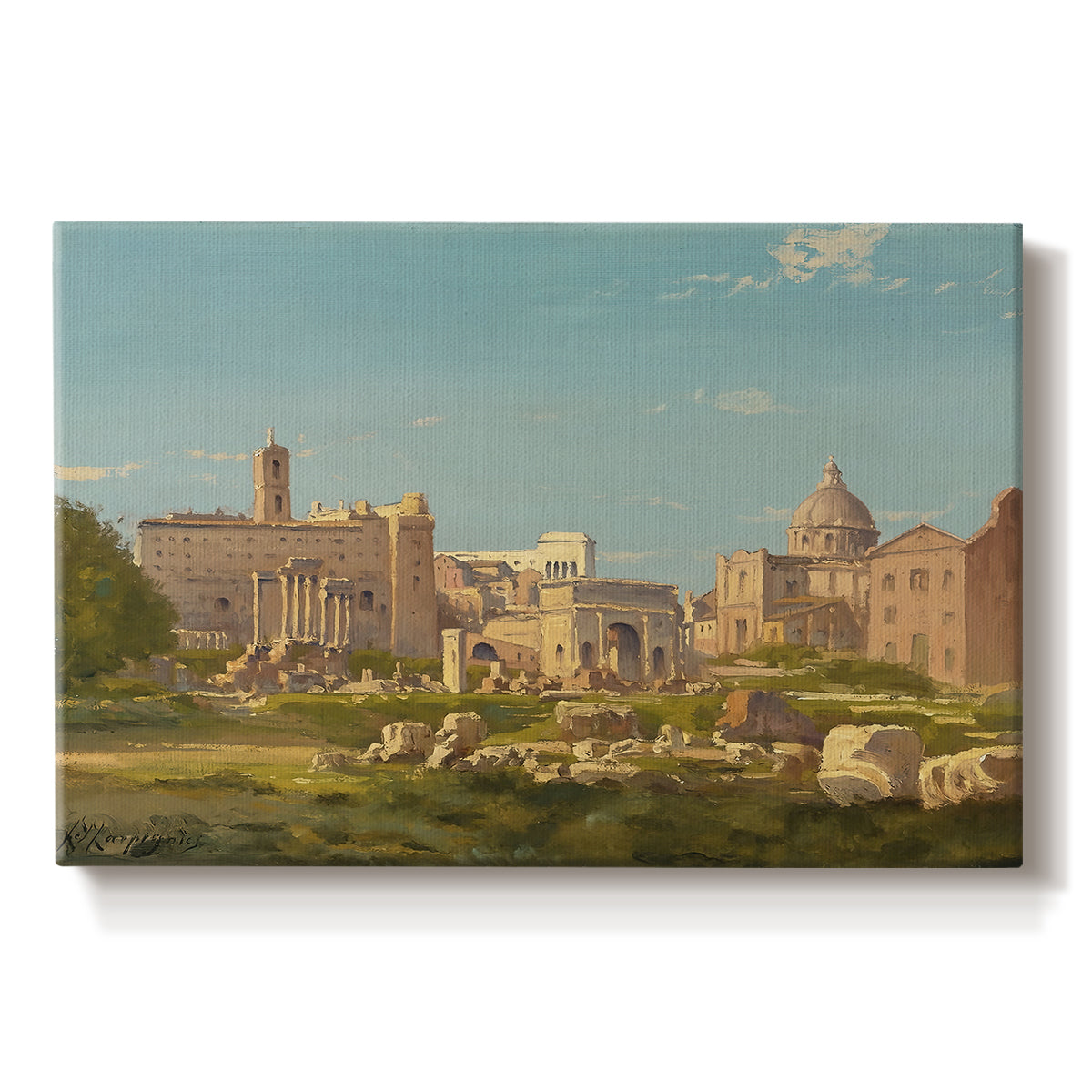 Canvas art print portraying ancient ruins of Roman Forum with architectural structures and open sky, set against a white background
