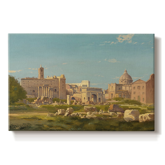 Canvas art print portraying ancient ruins of Roman Forum with architectural structures and open sky, set against a white background
