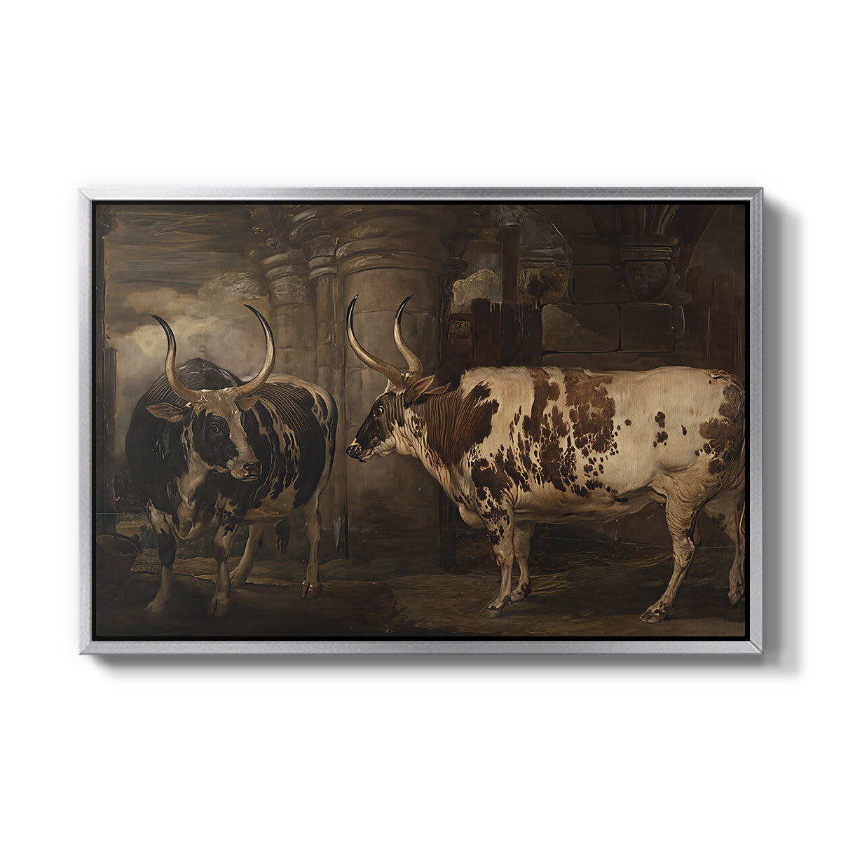 Portraits of Two Extraordinary Oxen, Property of the Earl of Powis, 1814 - Floater Framed Canvas Print