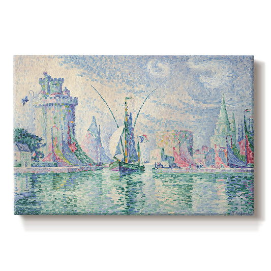 Canvas art print portraying a coastal cityscape with towers along waterfront, set against a white background