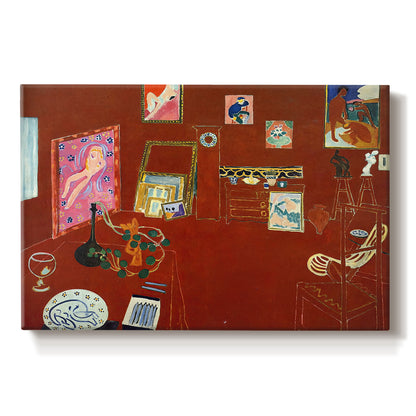 Canvas art print portraying a red studio interior with furniture and artworks, set against a white background