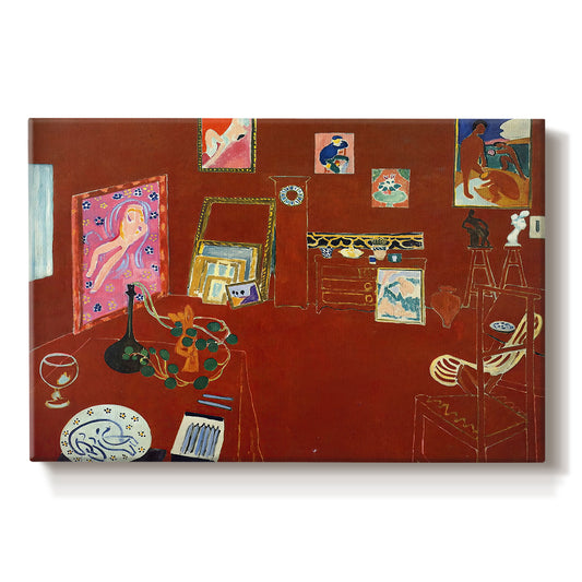 Canvas art print portraying a red studio interior with furniture and artworks, set against a white background