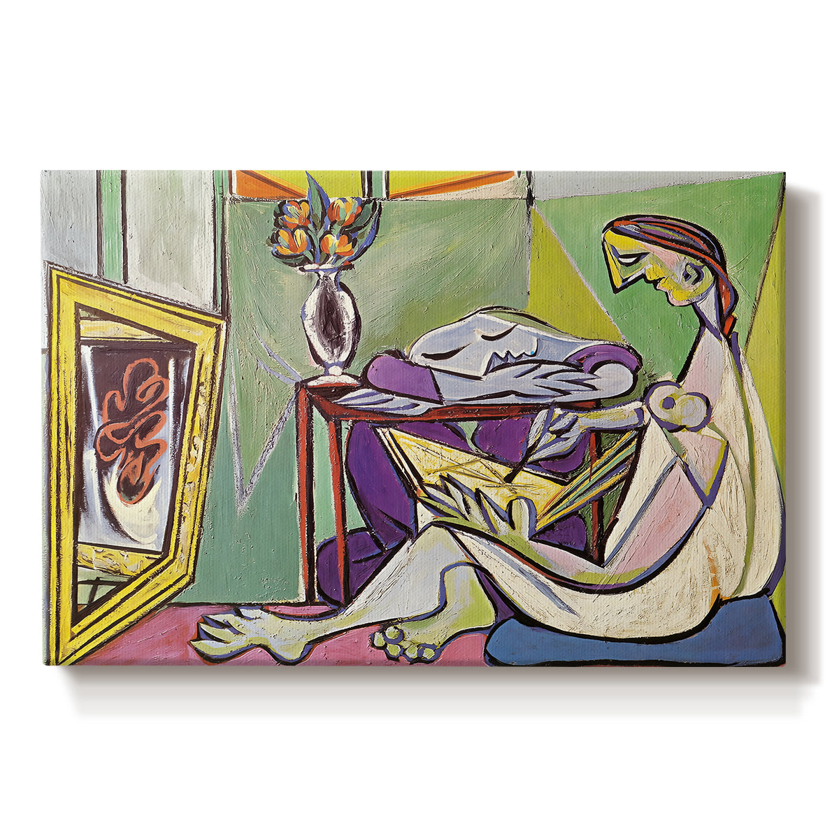 Canvas art print portraying an abstract female figure composed of geometric shapes, set against a white background