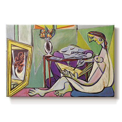 Canvas art print portraying an abstract female figure composed of geometric shapes, set against a white background