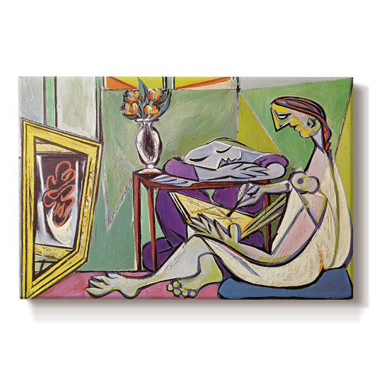Canvas art print portraying an abstract female figure composed of geometric shapes, set against a white background