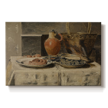 Canvas art print portraying a simple still life arrangement with jar and objects on table, set against a white background