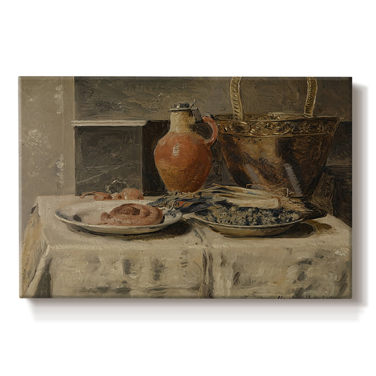 Canvas art print portraying a simple still life arrangement with jar and objects on table, set against a white background