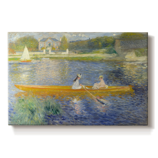 Canvas art print portraying two figures seated in a small boat drifting across calm water, set against a white background