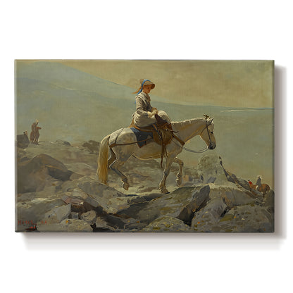 Canvas art print portraying a rider on horseback moving along elevated path with mountain view, set against a white background