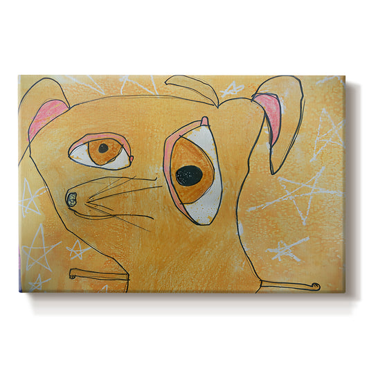 Canvas art print portraying a geometric dog composed of angular shapes with stars, set against a white background