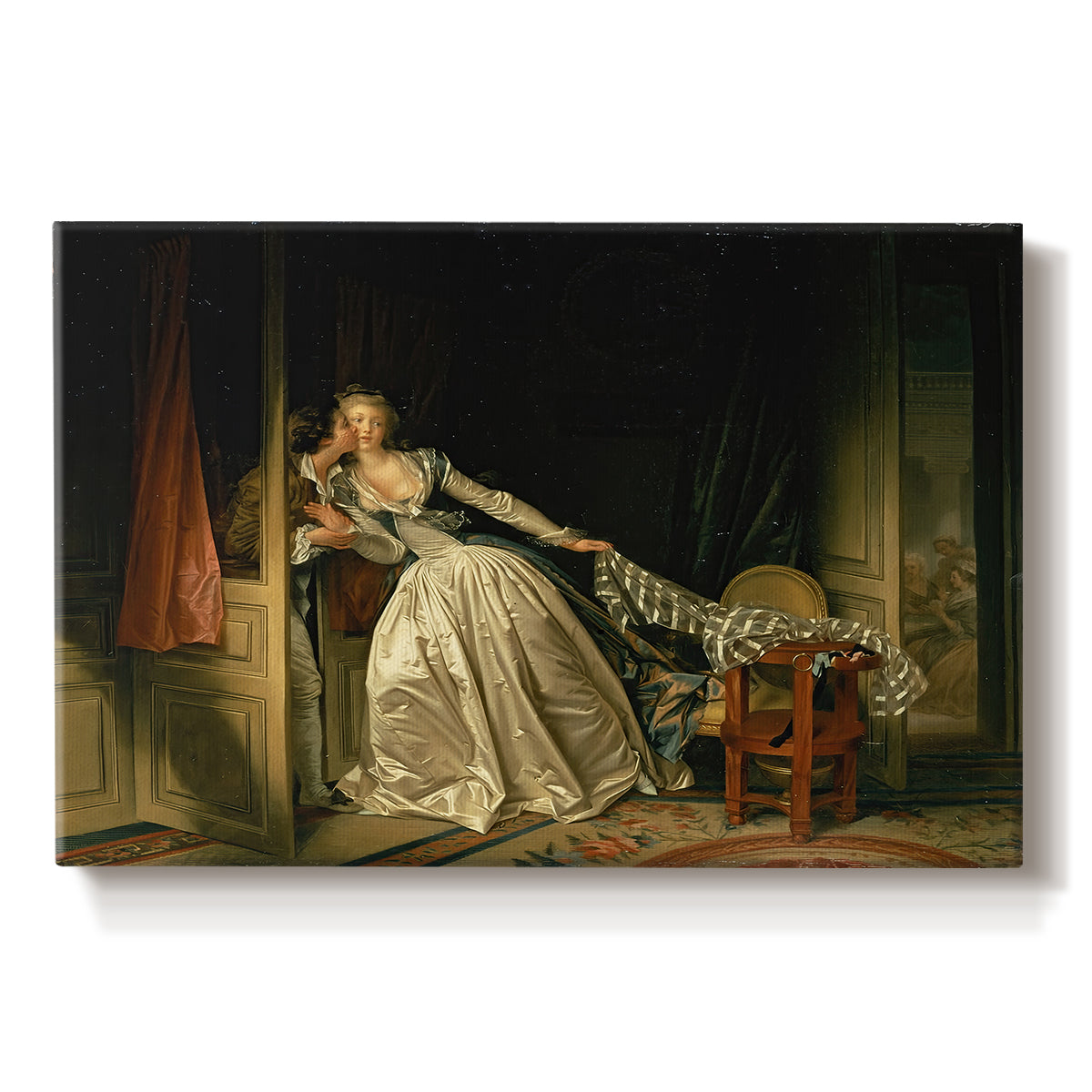 Canvas art print portraying an intimate interior scene with couple sharing a secret kiss, set against a white background