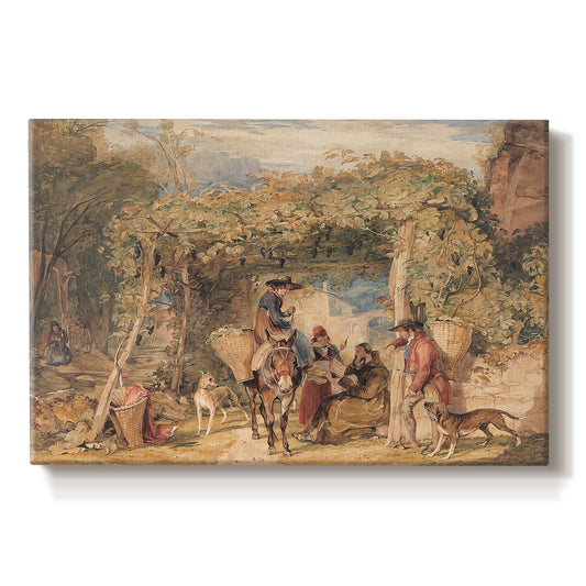 Canvas art print portraying figures working among animals in vineyard landscape, set against a white background