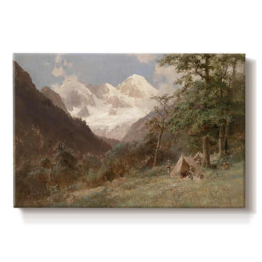 Canvas art print portraying a mountainous landscape with rugged terrain and distant peaks, set against a white background