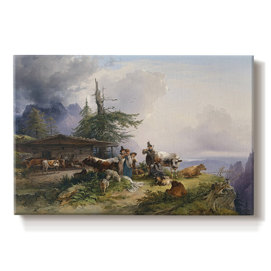 Canvas art print portraying a farmhouse with livestock set within mountainous alpine landscape, set against a white background