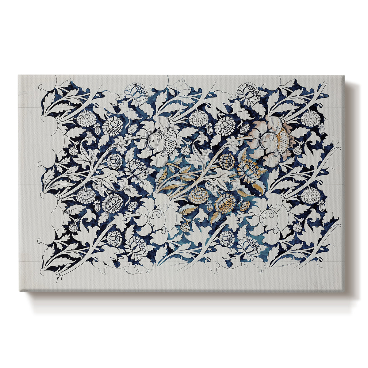 Canvas art print portraying a repeating floral design with flowing stems and scattered blossoms across light background, set against a white background